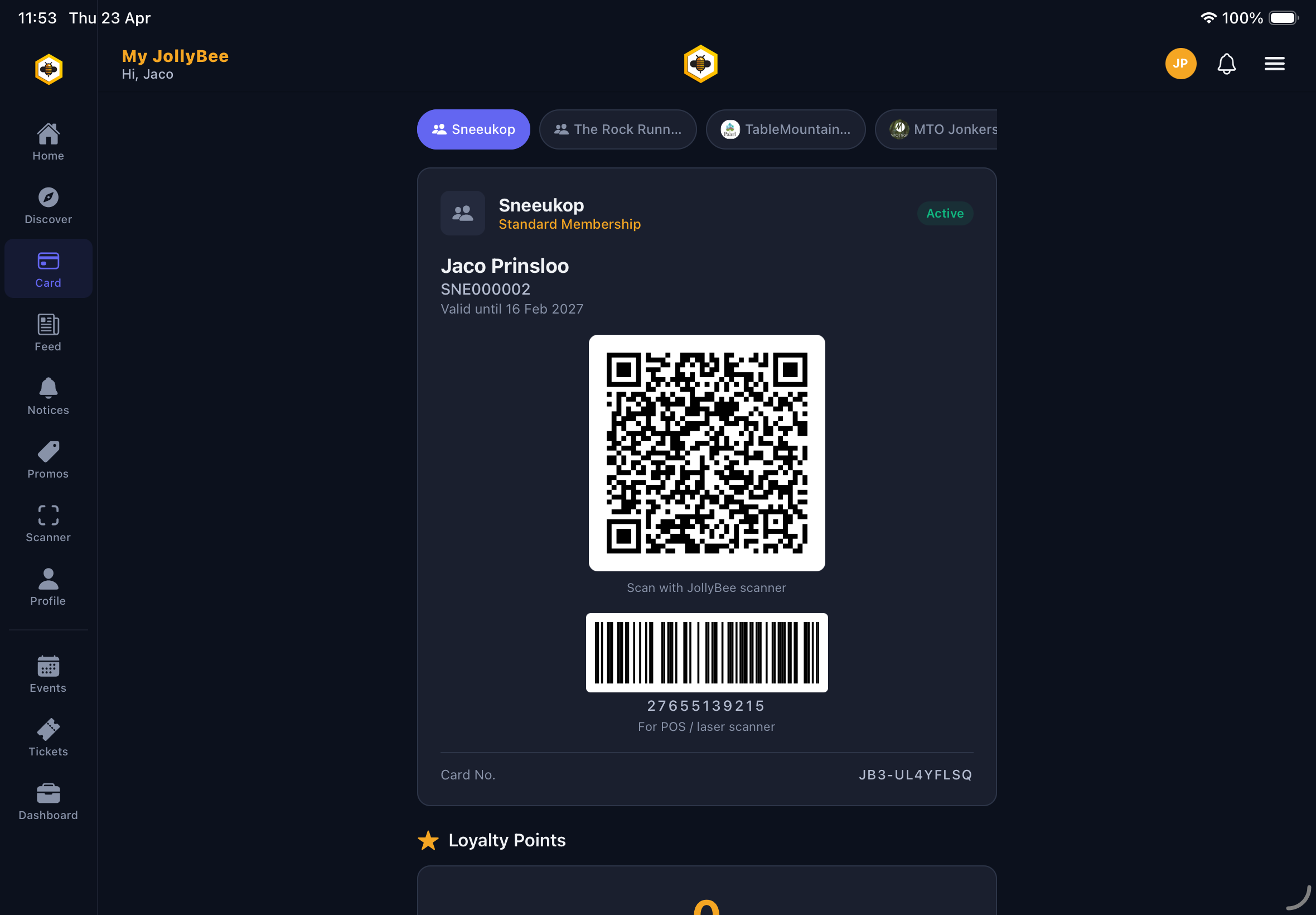 Digital membership card with QR code and barcode for Sneeukop community