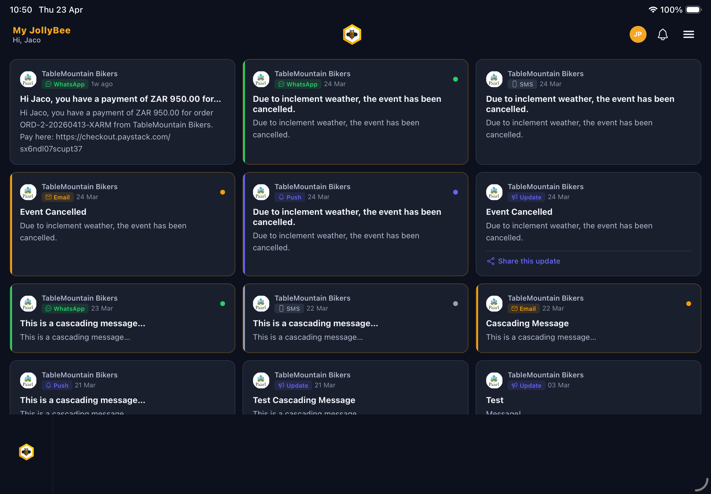 Unified inbox showing cascading messages across WhatsApp, Email, Push, and SMS channels