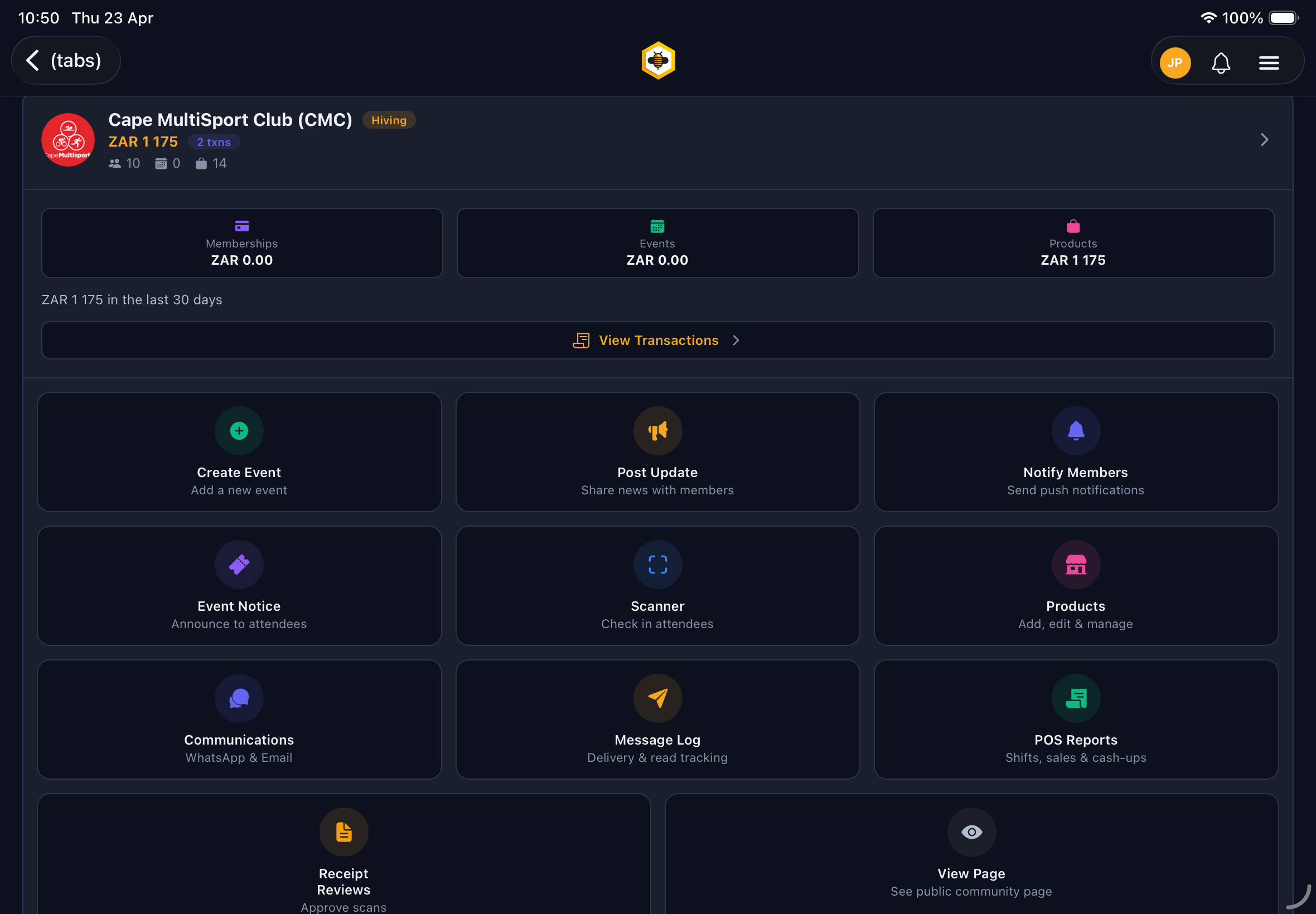 JollyBee owner dashboard showing memberships, events, products, and quick actions