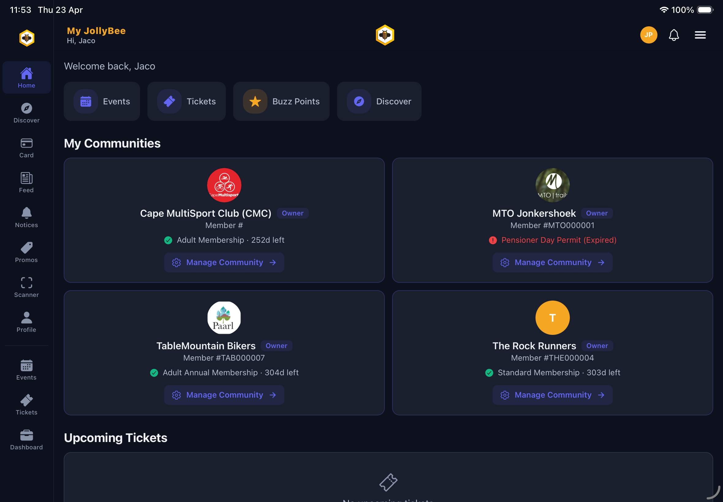 My JollyBee home showing communities, events, tickets and buzz points for a single member