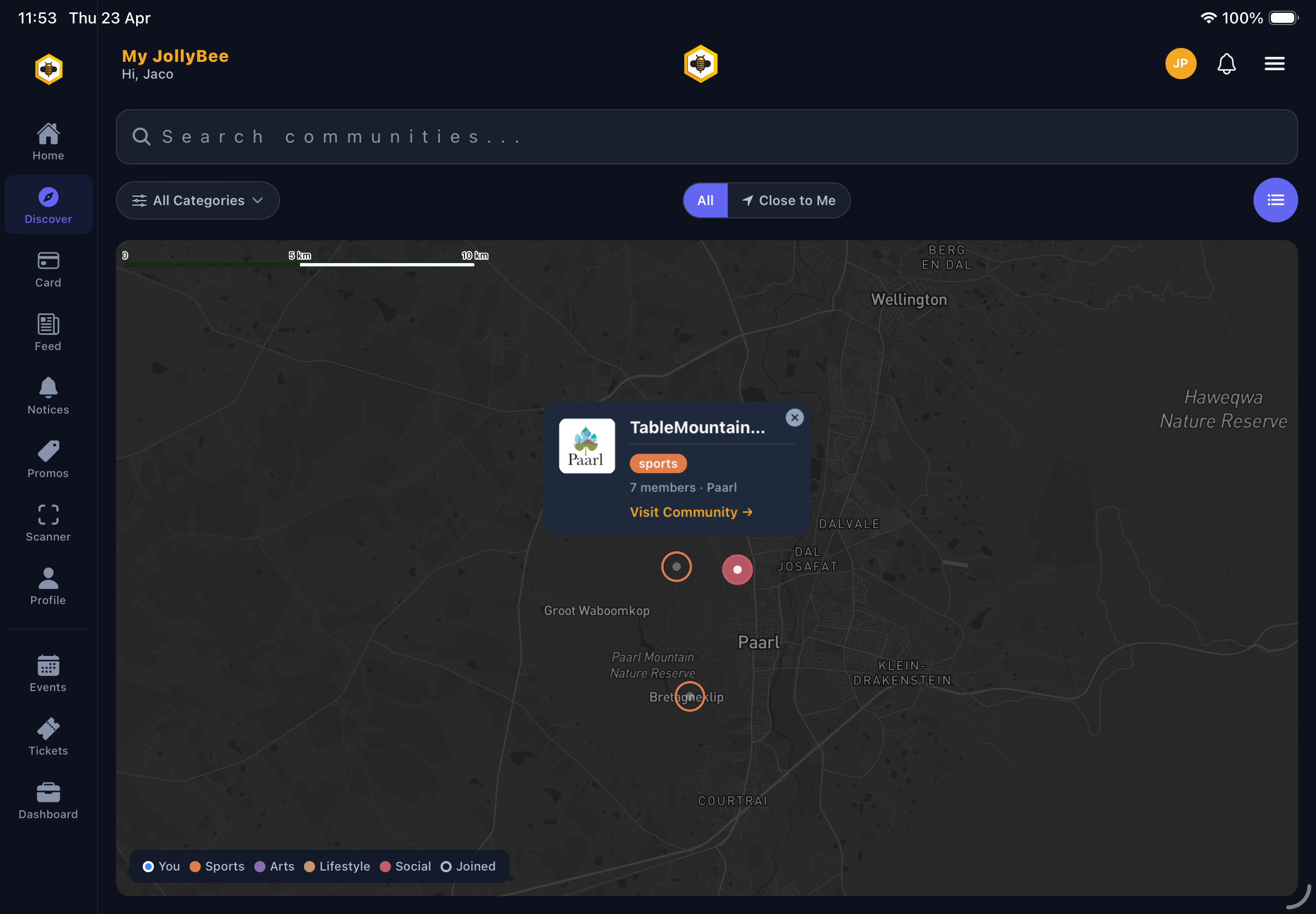 Discover map showing JollyBee communities pinned across a region